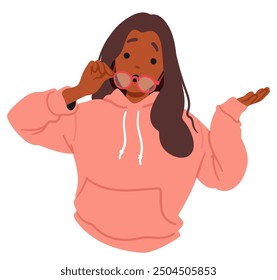 Surprised Female Character Wearing A Hoodie And Lifting Glasses While Shrugging. Expression Of Young Woman Conveys Confusion Or Curiosity. Cartoon Vector Concept Of Surprise, Uncertainty, Or Question
