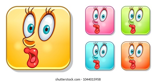 Surprised female Emoji face. Emoticons collection. Colorful smiley set. Avatar symbol, internet message or chat icon, sign for web mobile app, logo, label, patch, sticker.