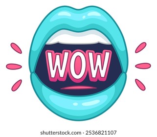 Sorprendidos labios femeninos diciendo wow en un colorido estilo pop art, perfecto para la comunicación digital. Gráficos alegres y de moda para plataformas en línea