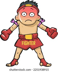 Surprised Fighter with big eyes. Hands are wrapped with Thai boxing ropes. Fector illustration EPS10