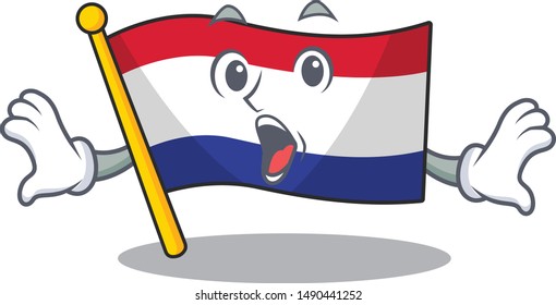 Surprised flag netherlands fluttered on cartoon pole