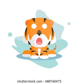 surprised Flat wild orange tiger cartoon funny and cute with various expression and emotion in blue background white for children and kid in kindergarten