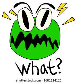 Surprised frog looks crazy eyes. Green vector toad in confusion. The word "what?" handwritten. Colored 2D character for stickers, print and decoration. Suitable for a children's book.