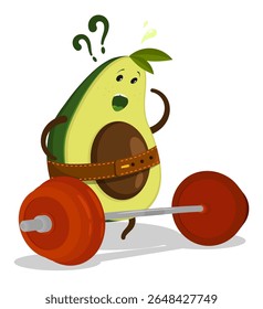 Surpreso frustrado abacate atleta halterofilista personagem confuso em pé na frente de um pesado barbell no ginásio. Vetor de desenhos animados isolado em fundo branco