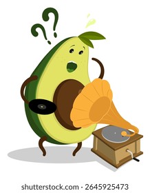 Surprised frustrated avocado character confused holding a vinyl record in his hand and not understanding how to use an old music gramophone. Cartoon vector isolated on white background