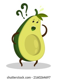 Überraschte frustrierte Avocado-Charakter sucht nach fehlendem Knochen unter seinen Füßen. Cartoon-Vektorgrafik einzeln auf weißem Hintergrund