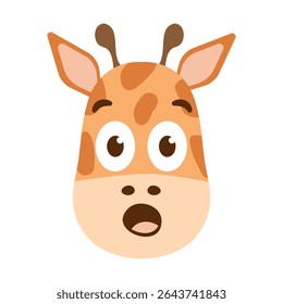 Surpreso rosto de Girafa engraçado com boca aberta. A cabeça exótica do animal chocou emojis para avatares. Fauna fofa africana. Imagem em cores de desenhos animados para crianças e zoológicos. Design plano. Isolado. Ilustração vetorial