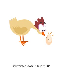 Surprised funny hen looking at cracked egg, comic cartoon chicken bird character with big eyes vector Illustration on a white background