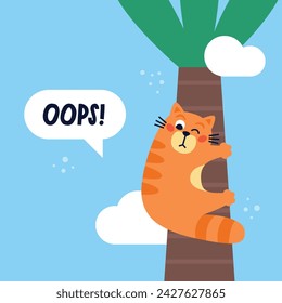 The surprised funny red cat climbed a tree and is afraid to climb back down. Summer vacation time. Vector Hand drawn cartoon flat illustration.