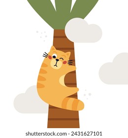 El sorprendido gato rojo divertido se subió a un árbol y tiene miedo de volver a bajar. Tiempo de vacaciones de verano. Ilustración plana de dibujos animados dibujada a mano.