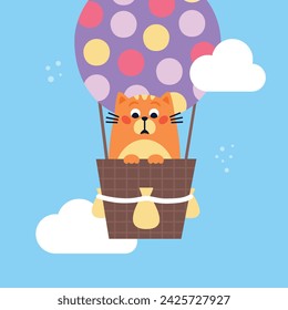 The surprised funny red cat is flying in a hot air balloon in the sky with clouds. Summer vacation time. Vector Hand drawn cartoon flat illustration.