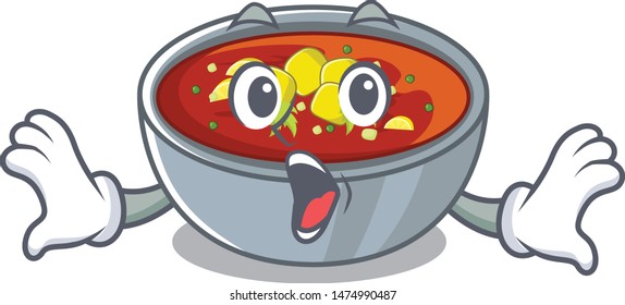 Surprised gazpacho dishes above wooden table character