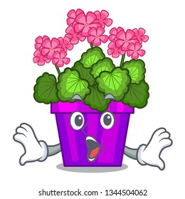 Surprised geranium flowers in the cartoon pot