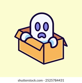 Fantasma surpreso emergindo de uma caixa de desenhos animados, perfeito para temas de Halloween e desenhos caprichados