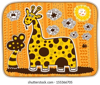 Surprised giraffe looks at a tree. Decorative sun and clouds. Orange background with the ornament of leaves.