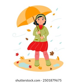A surprised girl in autumn clothes hides under an umbrella from the wind and rain. Leaf fall. The autumn season. Vector illustration in a flat style on a white background.