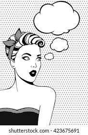 Surprised girl with bow on her head. Pop Art. Woman thinking. Thinking pin up woman. Vector illustratiion. Vector pop art woman with speech bubble