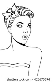 Surprised girl with bow on her head. Pop Art. Woman thinking. Thinking pin up woman. Vector illustratiion. Vector pop art woman with speech bubble