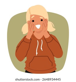 Personagem de desenho animado menina criança surpreso sentindo animado e sorrindo projeto de retrato bolha positivo. Pré-escola criança feminina maravilha expressão facial avatar vetor ilustração. Emoções infantis