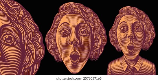 Surprised Girl. Design set. Editable hand drawn illustration. Vector vintage engraving. Isolated on black background. 8 EPS