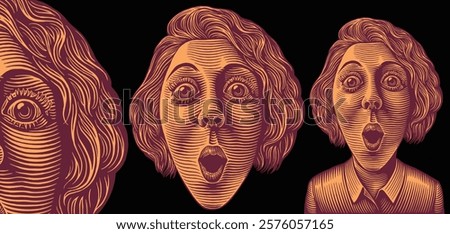 Surprised Girl. Design set. Editable hand drawn illustration. Vector vintage engraving. Isolated on black background. 8 EPS