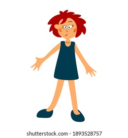 Surprised. The girl does not understand what is happening.Vector isolated illustration on white background.