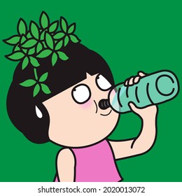 Surprised Girl is Drinking Water From Bottle And Plants Glowing On Her Head Concept Card Character illustration