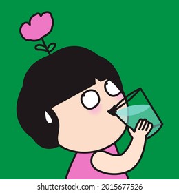 Surprised Girl is drinking Water And Flower is blooming On Her Head Concept Card Character illustration