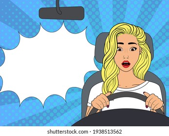 Surprised girl driving a car. Vector illustration in pop art style with place for text