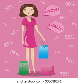 Surprised the girl drops the bags from his hands. Discounts.