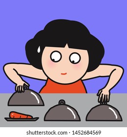 Surprised Girl Finding Healthy Option Carrot For Her Meal While Opening Lid Of A Silver Plate. Concept Of Weight Watcher Food Card Character illustration