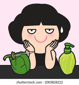 Surprised Girl With Fresh Capsicum Serum And Chinese Cabbage Skincare Bottle. Concept Of Natural Organic Beauty And Self Care Card Character illustration