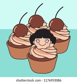 Surprised Girl Happily Sitting In A Chocolate Dessert Cup. Concept Of Sweettooth Person Card Character illustration