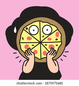 Surprised Girl With Her Pizza Head Concept Card Character illustration