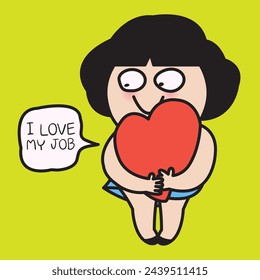Surprised Girl Holding Her Red Heart With I Love My Job Speech Bubble. Valentine's Day Concept Card Character illustrationai