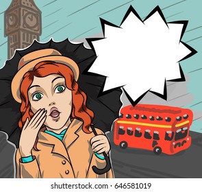 Surprised girl in london under the rain with umbrella and thinking bubble, retro poster in pop art comic style. Woman tourist in United Kingdom.