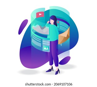 Surprised girl looking at analysis data in isometric illustration