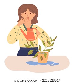 Surprised girl looks at a houseplant and holds a watering can in hands. Water flows out of the flower pot. Houseplant care and growing problems. Vector illustration in flat style on white background