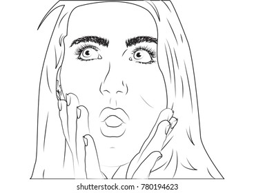 Surprised girl with open mouth and hands at face drawn by outline