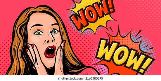 Surprised girl with open mouth in pop art retro comic style. Delight of young woman. Vector illustration