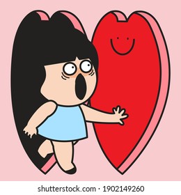 Surprised Girl Opening And Looking Past The Heart Shaped Door. Heart Door Is Opening To The World. Valentine's Day Concept Card Character illustration