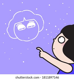 Surprised Girl Pointing On Her Own Sleepy Head Shaped Constellations Concept Card Character illustration
