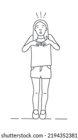 Surprised girl points at herself. Really me? Hand drawn vector illustration. Black and white.