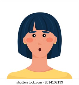 surprised girl portrait. avatar of  woman. cartoon character. brunette with square haircut. Vector illustration, flat