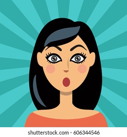 Surprised girl. Portrait of a young woman. Cartoon style vector illustration.
