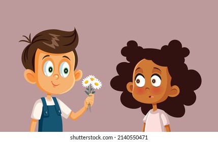 
Surprised Girl Receiving Flowers Vector Cartoon Illustration. Infatuated boy offering a floral bouquet to a shy classmate 
