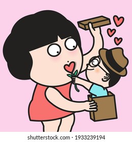 Surprised Girl Receiving Heart From Boy Who Coming Out From An Open Gift Box Concept Card Character illustration