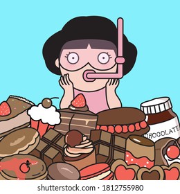 Surprised Girl With Scuba Diving Or Snorkelling Face Mask Standing In The Middle Of Sweet Treats Sea Concept Card Character illustration