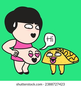 Surprised Girl Seeing Her Happy Fat Belly Saying Hi To The Crispy Taco Shell Concept Card Character illustration