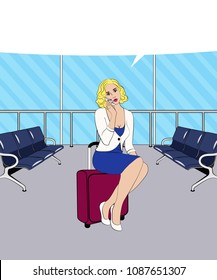 Surprised girl sits on a suitcase and speaks on a mobile phone. Waiting hall. Vector illustration